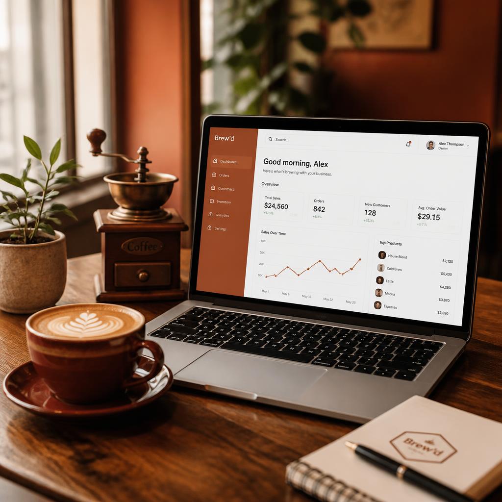 A warm coffee shop workspace with a laptop, latte art, and a vintage coffee grinder
